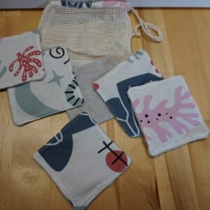 Lingettes coton imprimé bord de mer et éponge grise