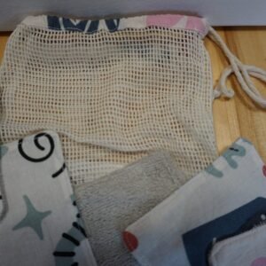 Lingettes coton imprimé bord de mer et éponge grise