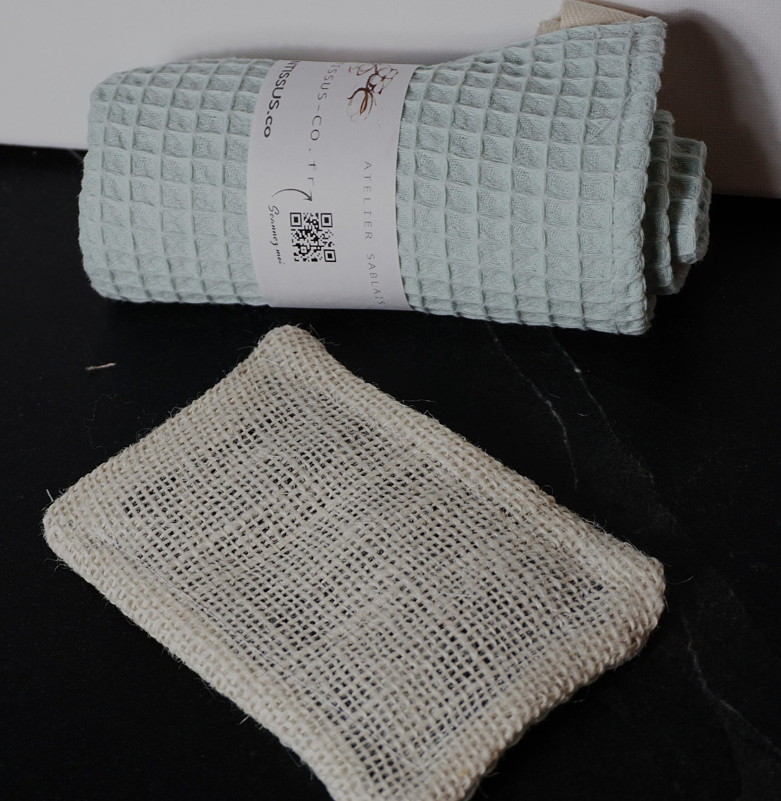 Torchon et éponge assortis vert d'eau